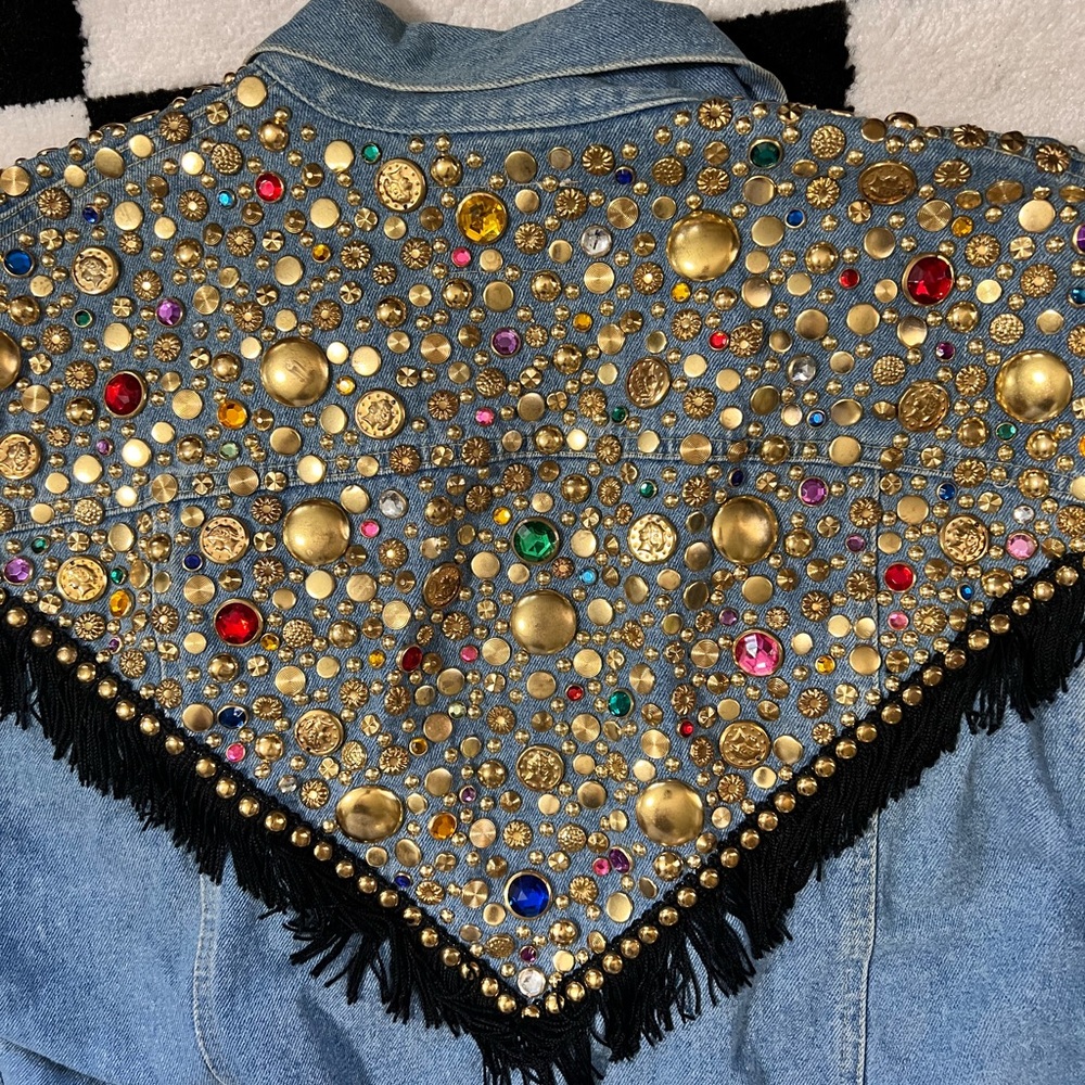 Vintage Embellished Denim Jacket with Fringe - Picture 5 of 6